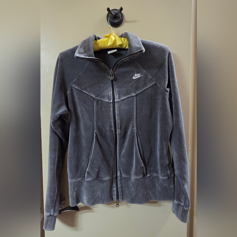 Nike Gray Bomber Jacket with High Collar and Plush Texture
